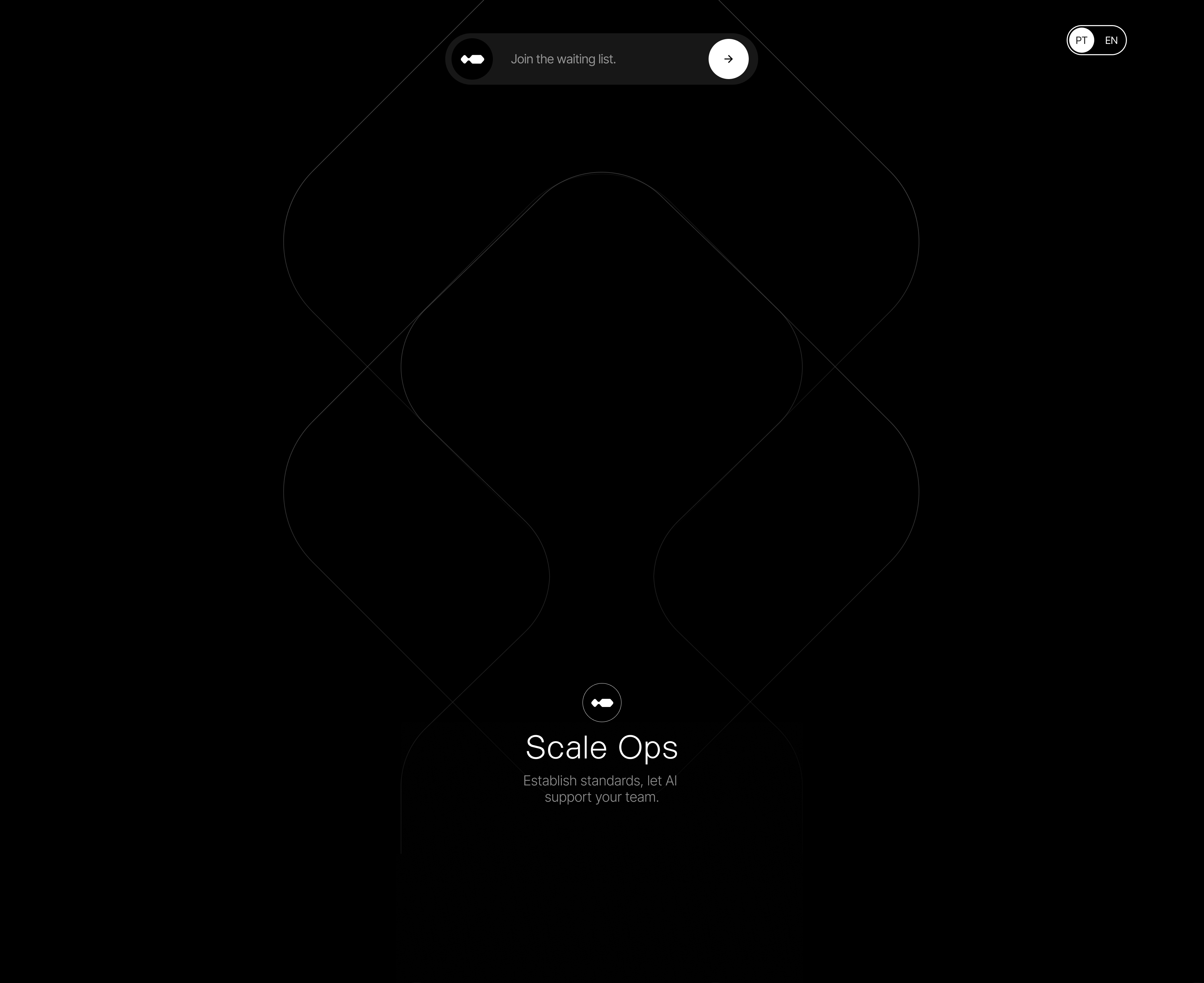 Screenshot do site ScaleOps — hero com waitlist e identidade Establish standards, let AI support your team